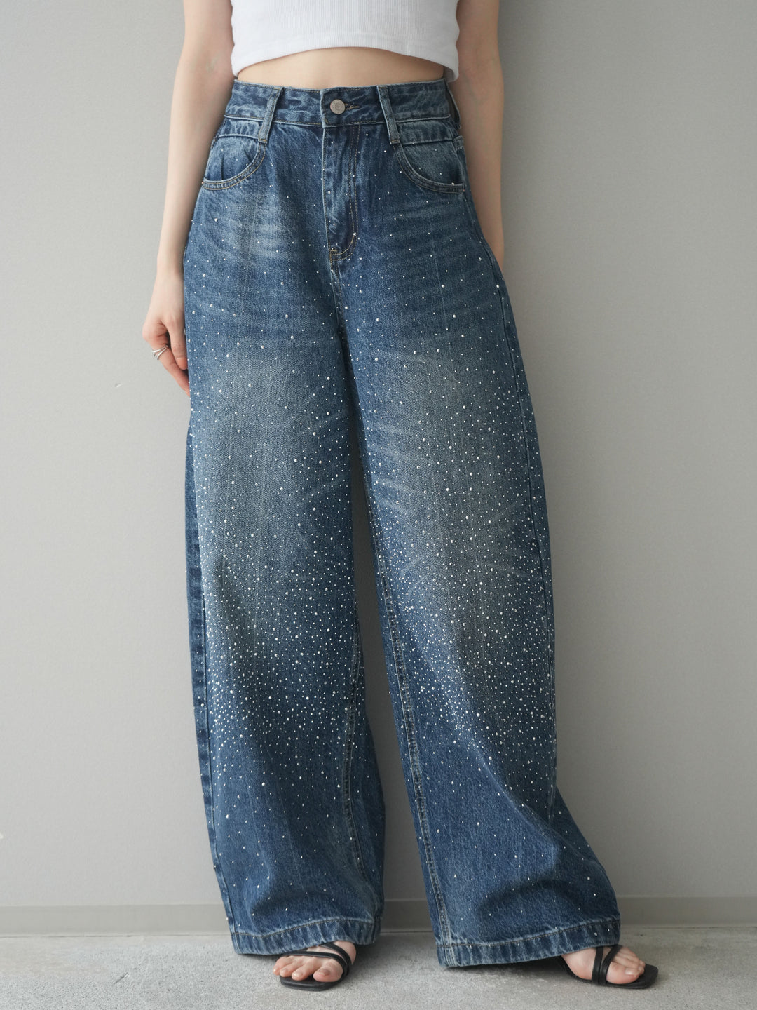 [予約]ラインストーンカーブデニムパンツ/lightblue