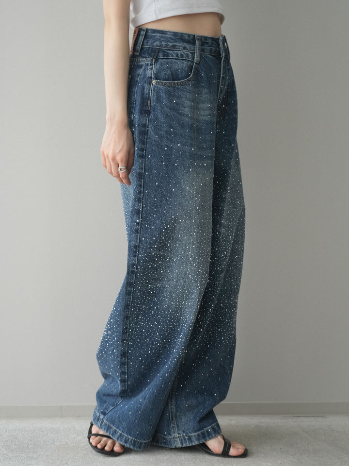 [予約]ラインストーンカーブデニムパンツ/lightblue