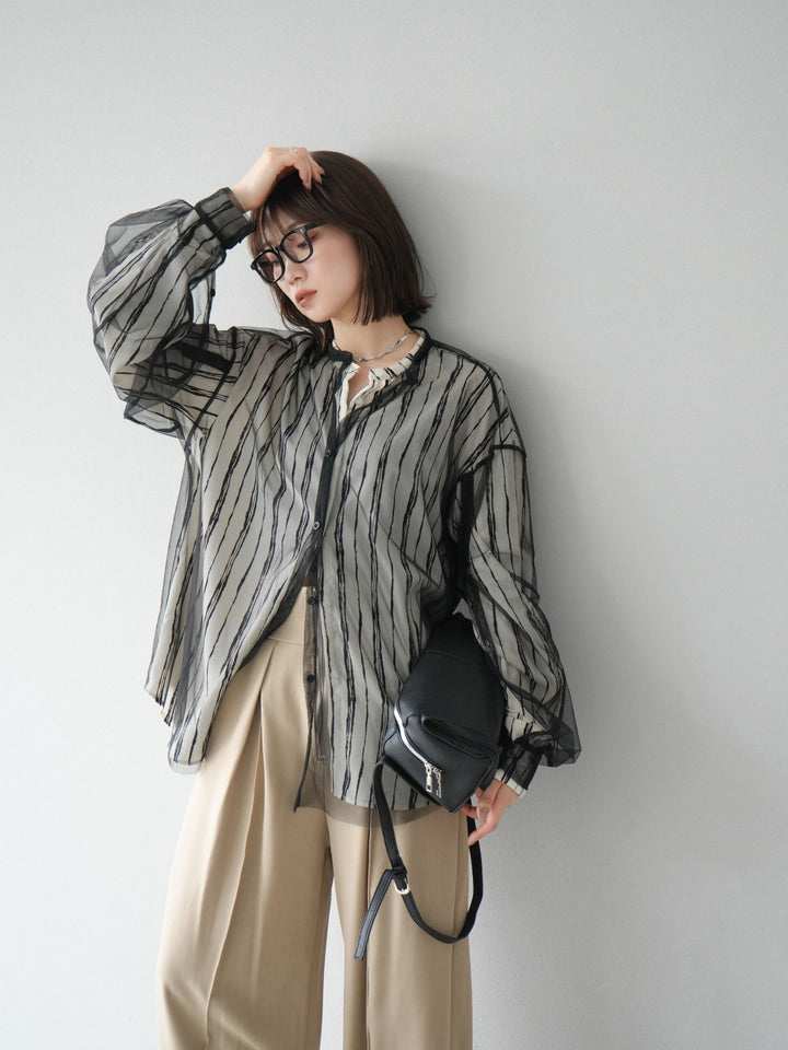 [予約]ペンタッチストライプ2WAYスリーブバンドカラーシャツ/アイボリー