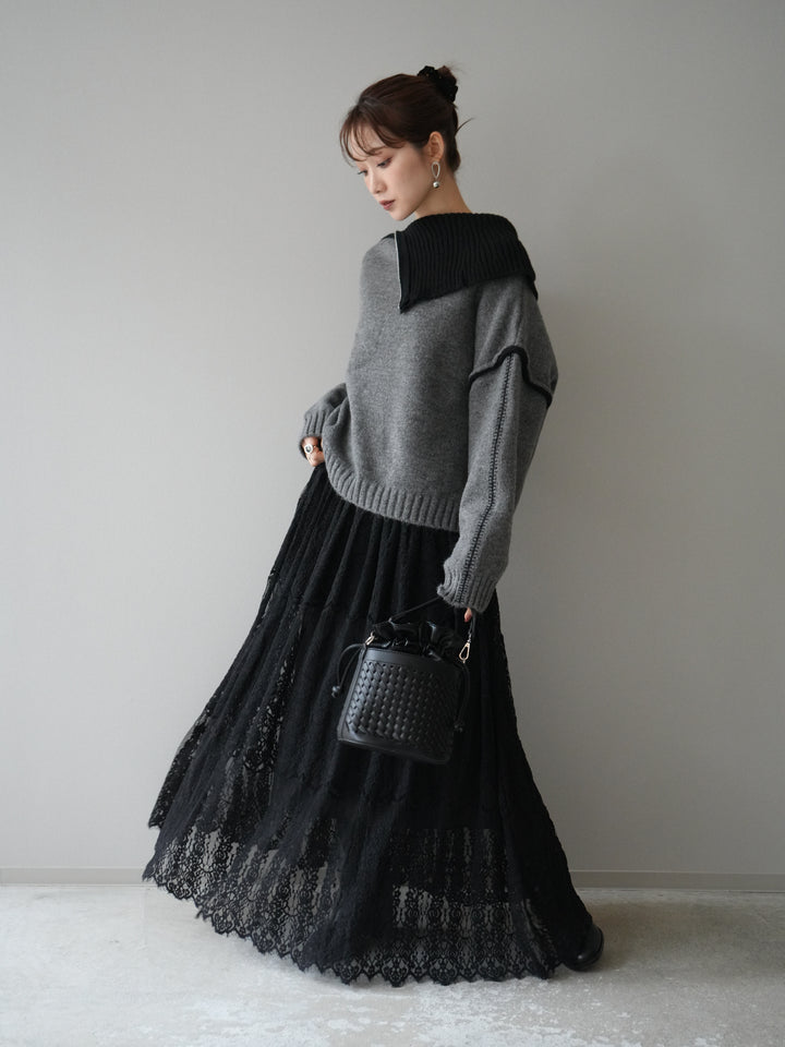 [予約]ZIPハイネックバイカラーニットプルオーバー/charcoal