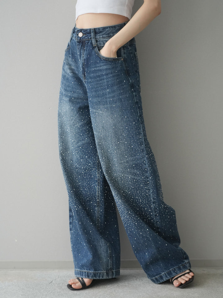 [予約]ラインストーンカーブデニムパンツ/lightblue