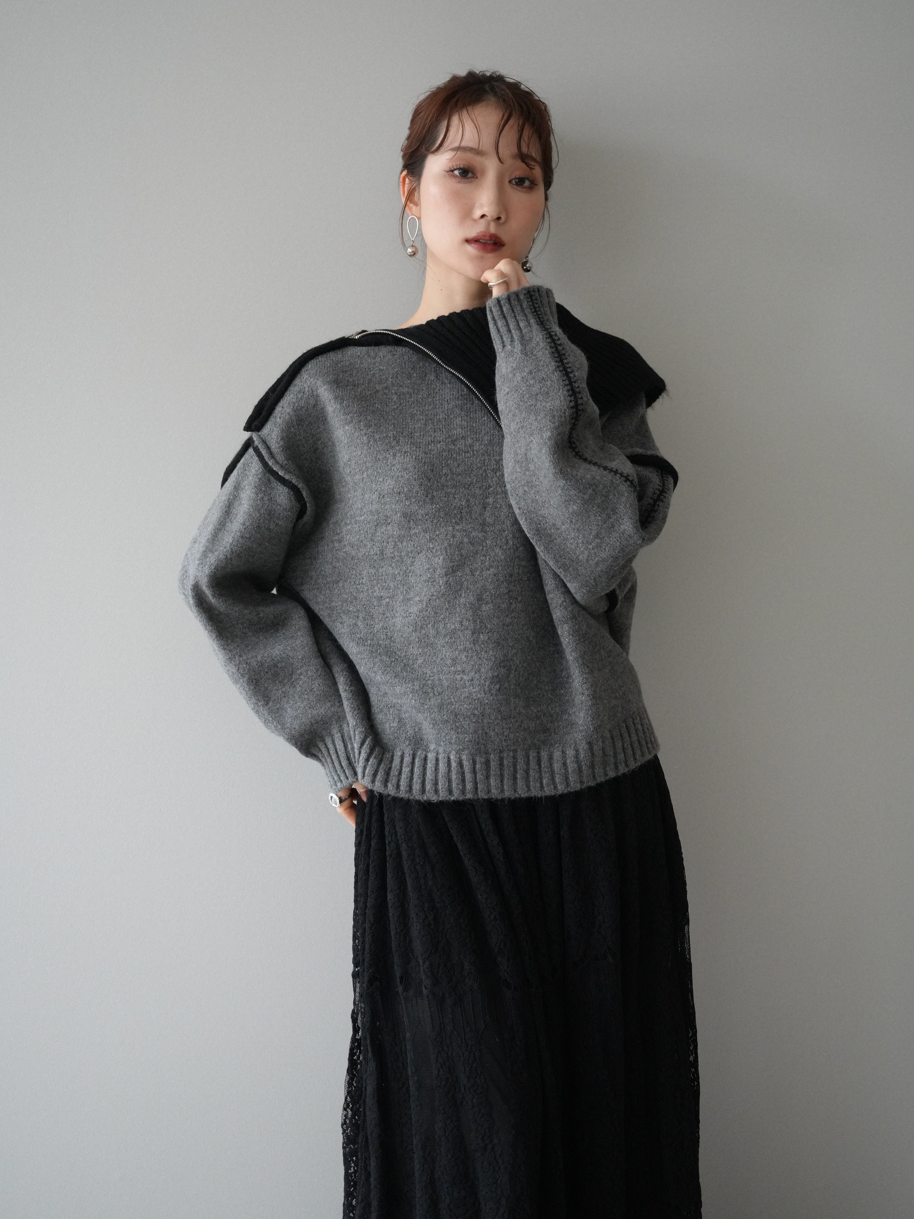 SET]ZIPハイネックバイカラーニットプルオーバー+ZIPハイネックバイ