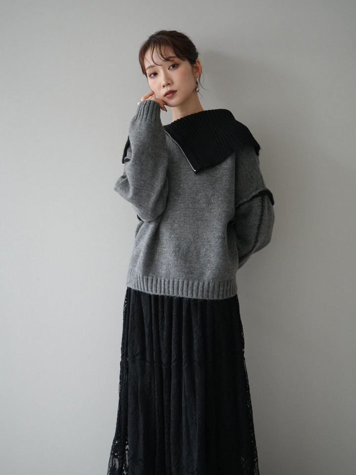 [予約]ZIPハイネックバイカラーニットプルオーバー/charcoal