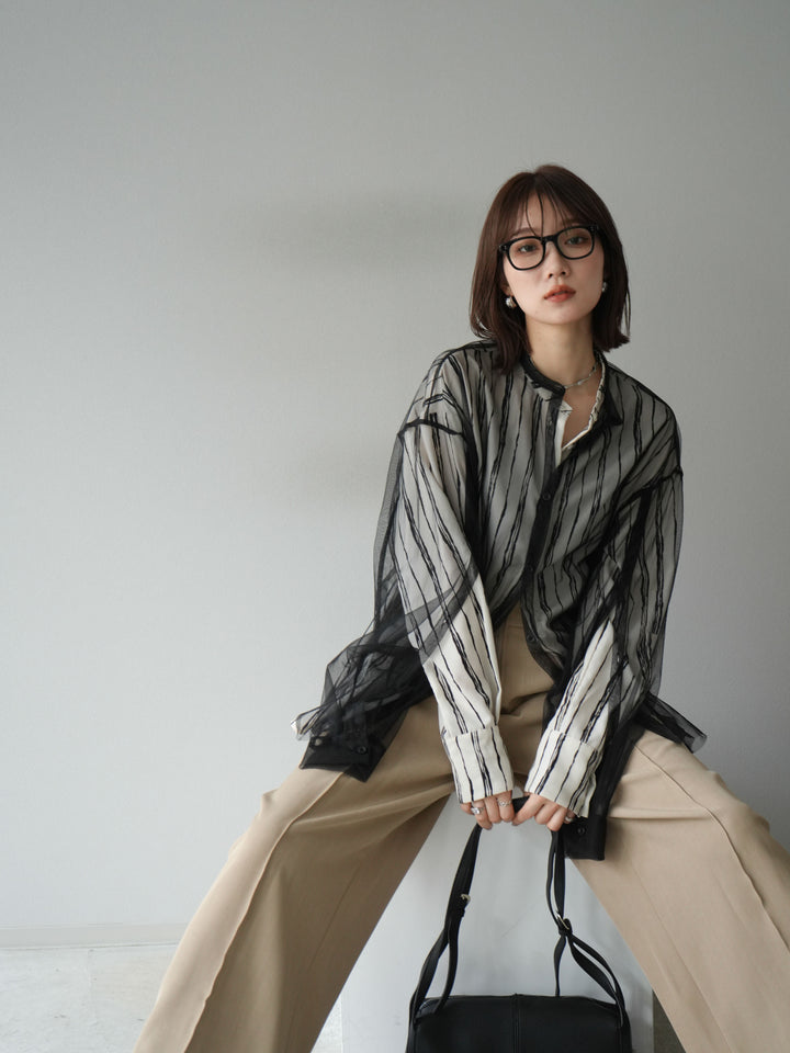 [予約]ペンタッチストライプ2WAYスリーブバンドカラーシャツ/アイボリー