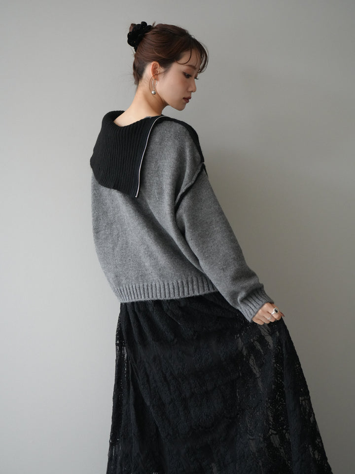 [予約]ZIPハイネックバイカラーニットプルオーバー/charcoal