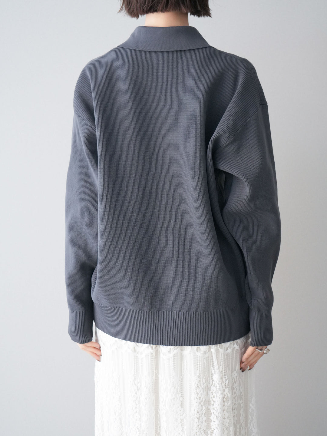 [予約]メタルボタン襟付きポリエステルニットカーディガン/charcoal