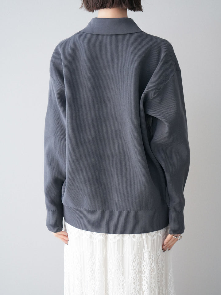 [予約]メタルボタン襟付きポリエステルニットカーディガン/charcoal