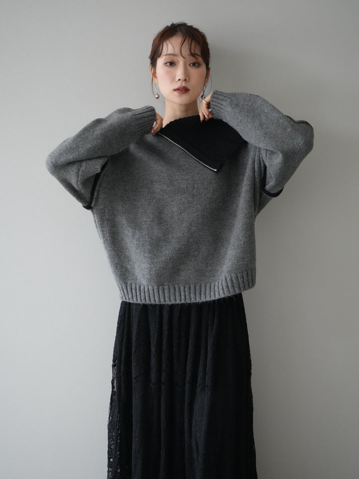 [予約]ZIPハイネックバイカラーニットプルオーバー/charcoal