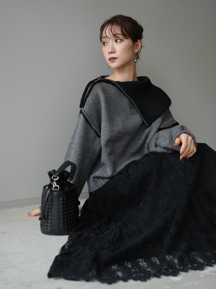 [予約]ZIPハイネックバイカラーニットプルオーバー/charcoal