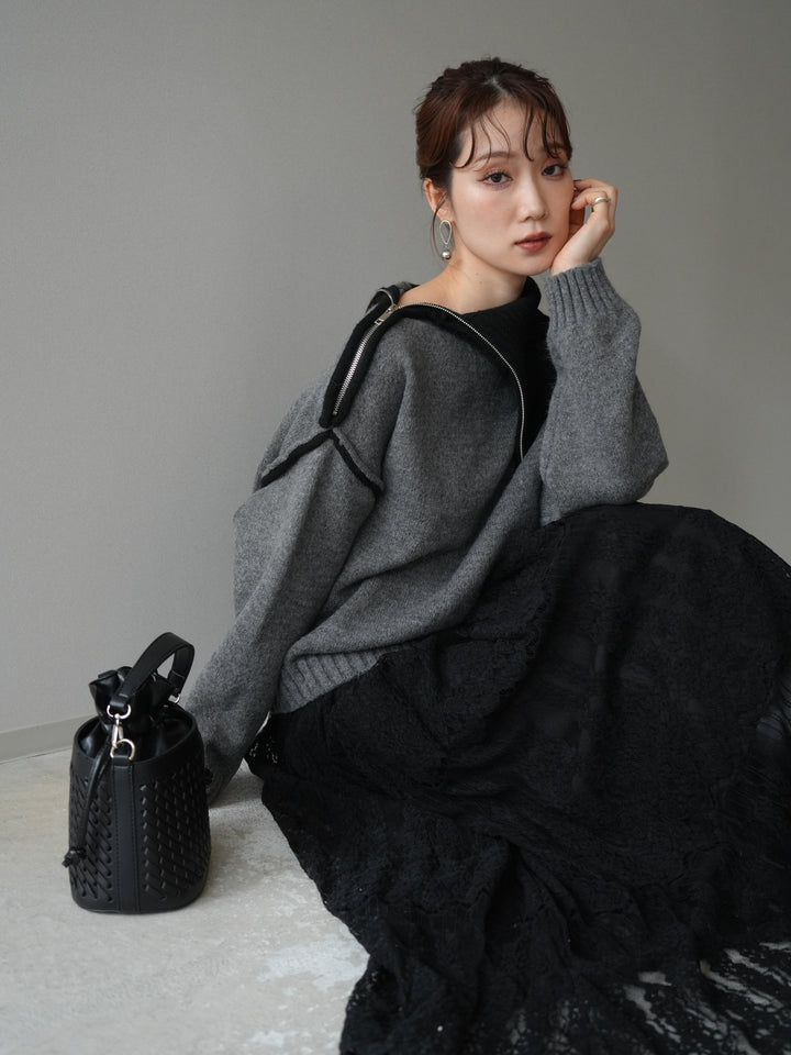 [予約]ZIPハイネックバイカラーニットプルオーバー/charcoal