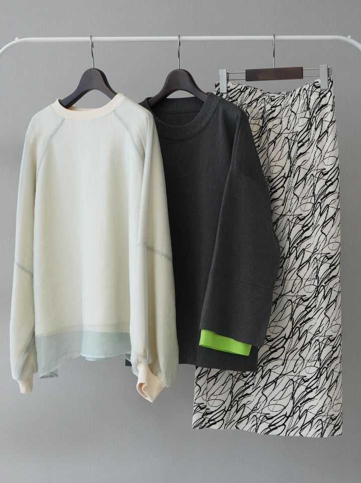 [Mix and match set] [SET] Sheer layered fleece sweatshirt pullover + color-coordinated sleeve Milano rib knit pullover + pen-touch I-line pleated skirt (3 sets)