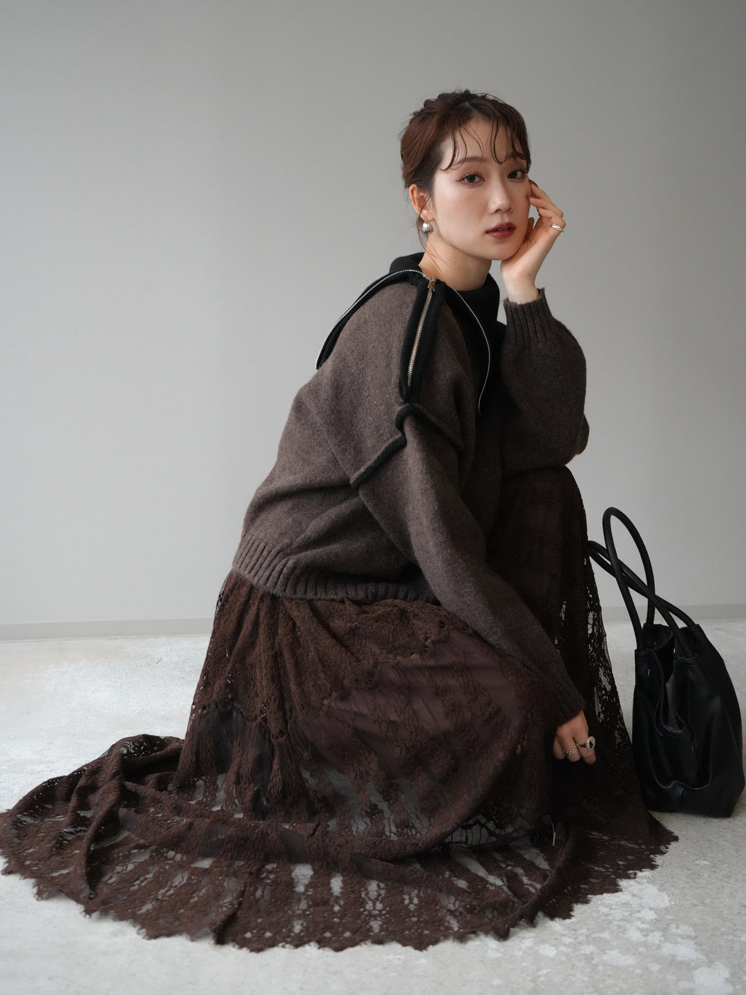 [予約]ZIPハイネックバイカラーニットプルオーバー/brown