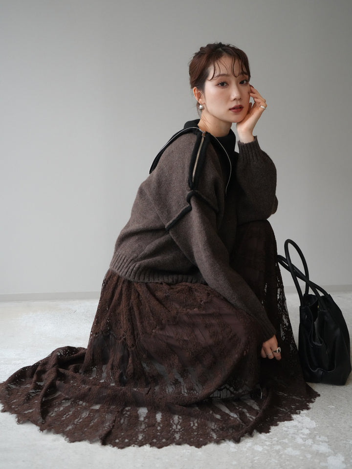 [予約]ZIPハイネックバイカラーニットプルオーバー/brown