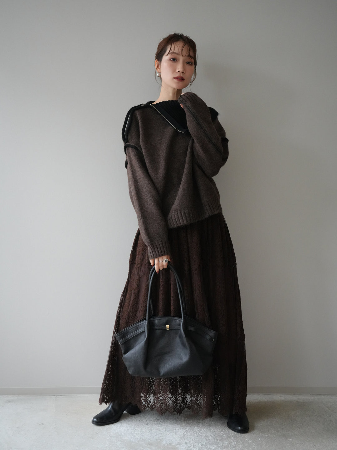 [予約]ZIPハイネックバイカラーニットプルオーバー/brown