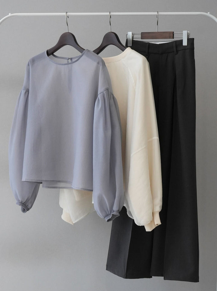 [混搭套裝] [SET] 豐盈袖水洗透明襯衫 + 透明分層羊毛吸汗套頭衫 + 設計褶邊寬褲/L (3 件套)