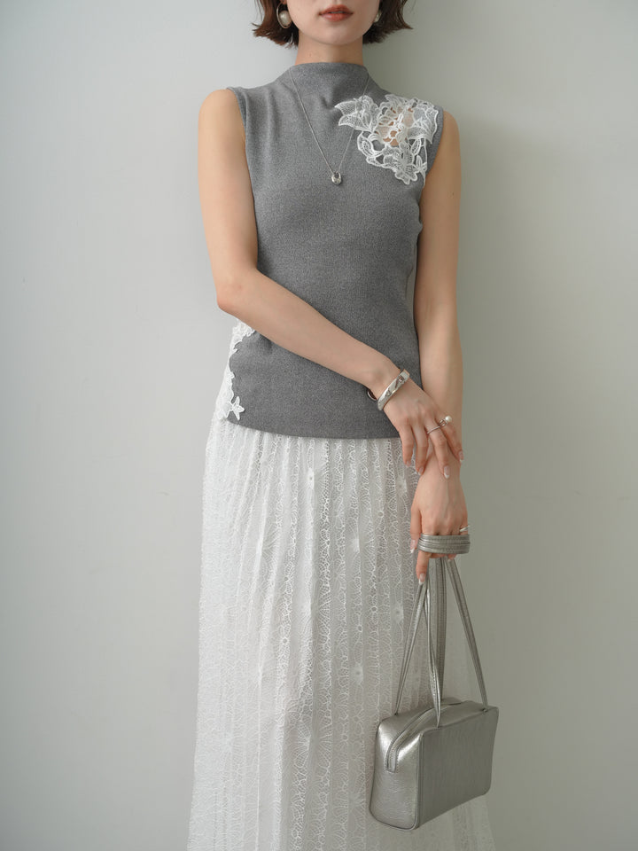 [予約]サイドレースノースリモックニットトップス/gray