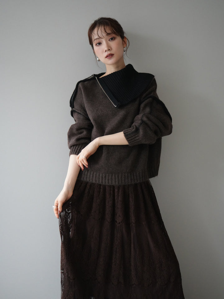 [予約]ZIPハイネックバイカラーニットプルオーバー/brown