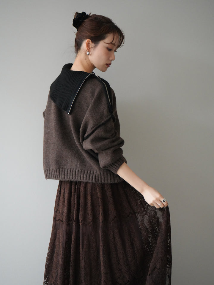 [予約]ZIPハイネックバイカラーニットプルオーバー/brown