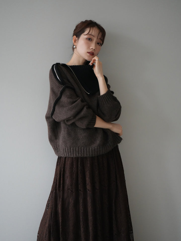 [予約]ZIPハイネックバイカラーニットプルオーバー/brown