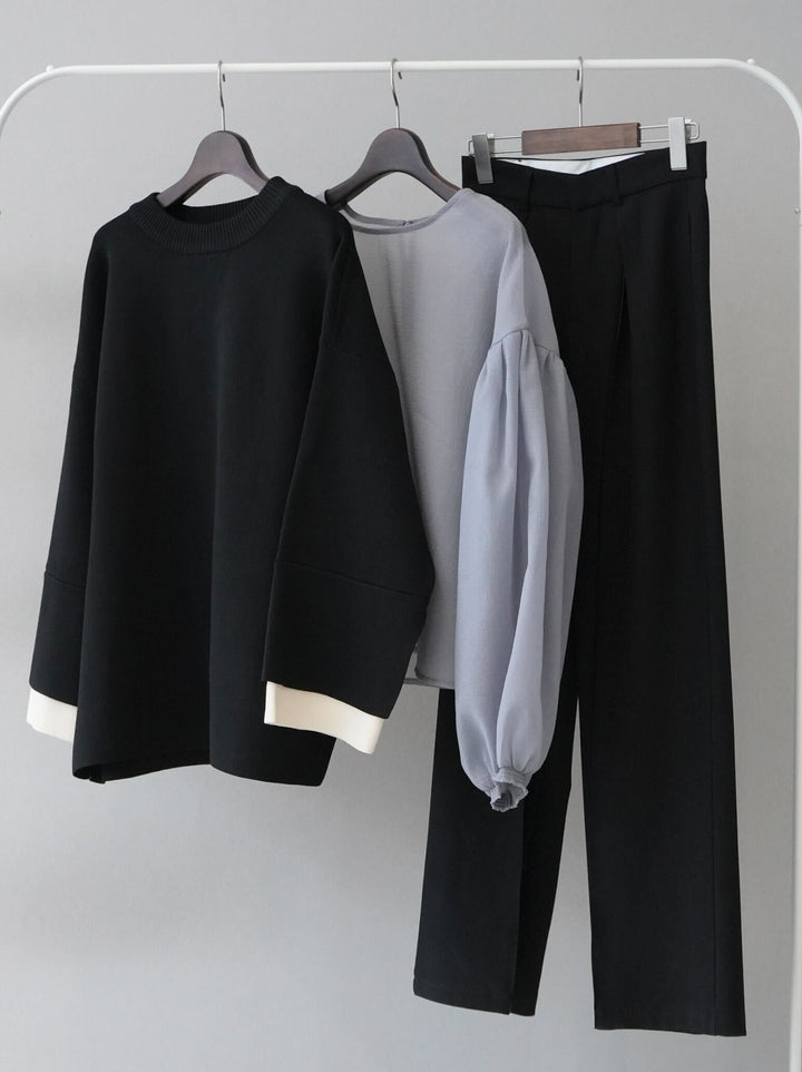 [混搭套裝] [SET] 捲袖水洗透明襯衫 + 彩色袖米蘭羅紋針織套頭衫 + 設計褶邊寬褲/M (3set)
