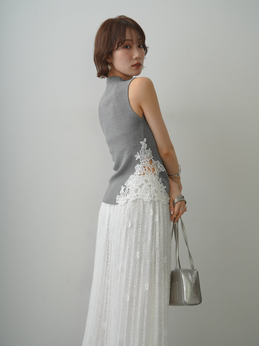 [予約]サイドレースノースリモックニットトップス/gray
