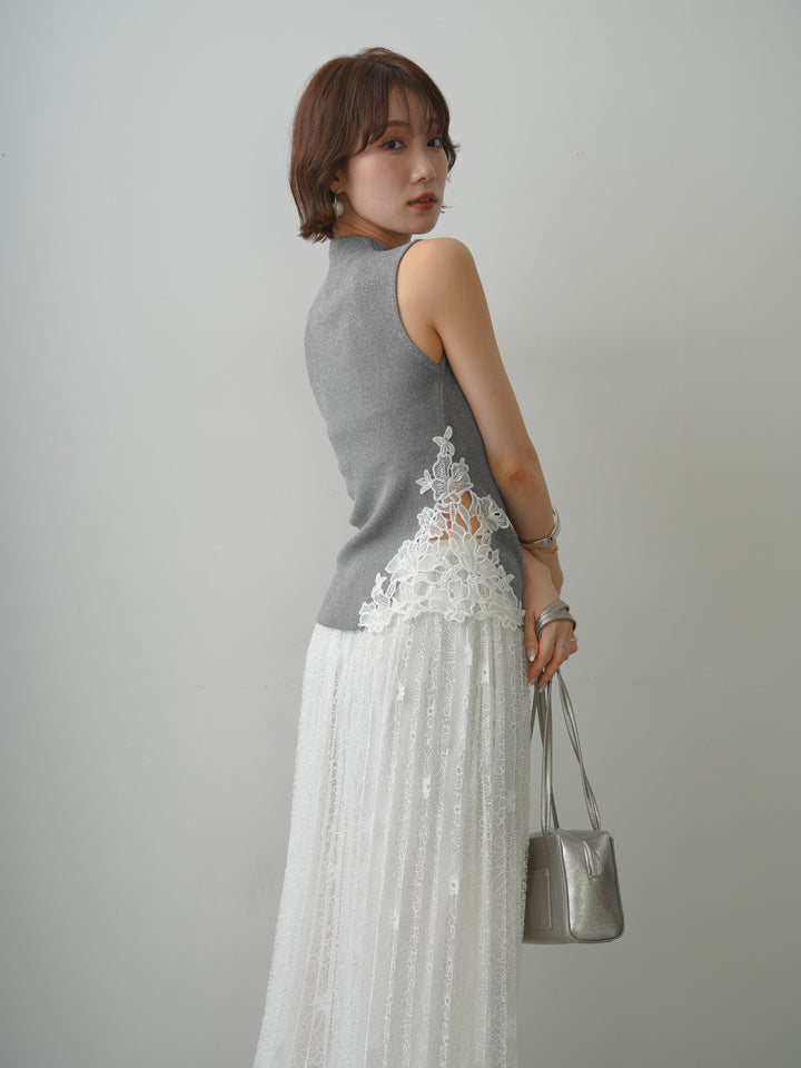 [予約]サイドレースノースリモックニットトップス/gray