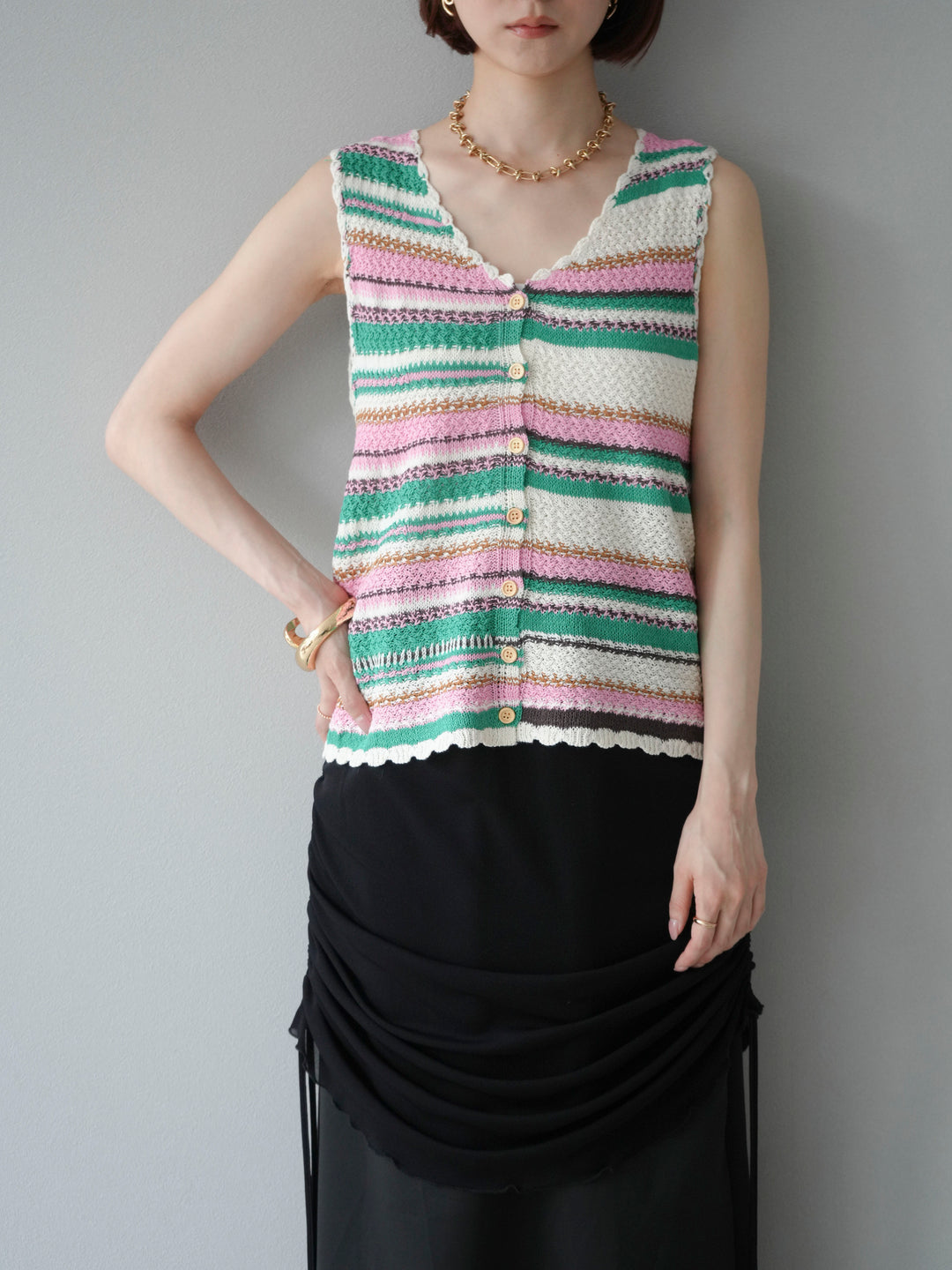 [予約]マルチボーダーニットベスト/グリーン