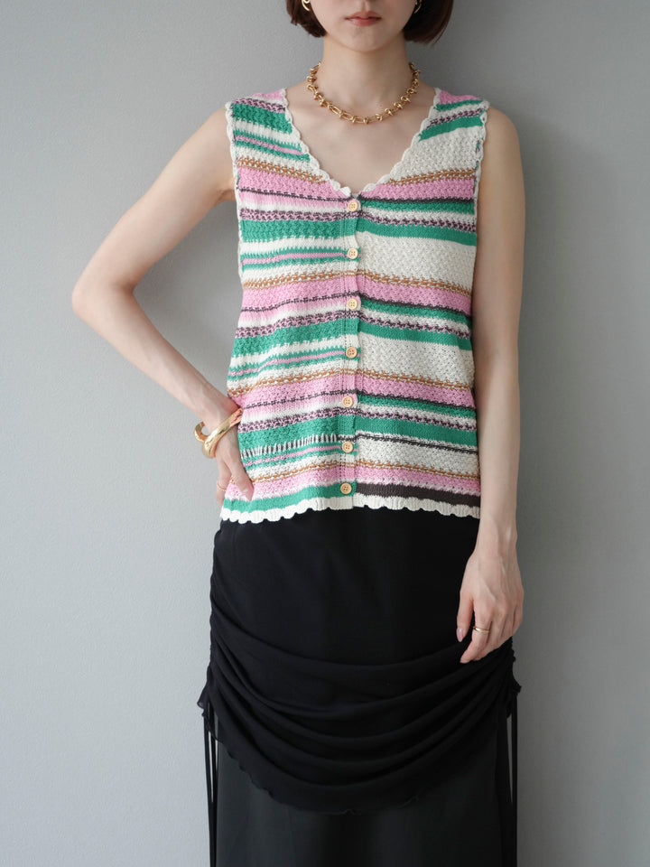 [予約]マルチボーダーニットベスト/グリーン