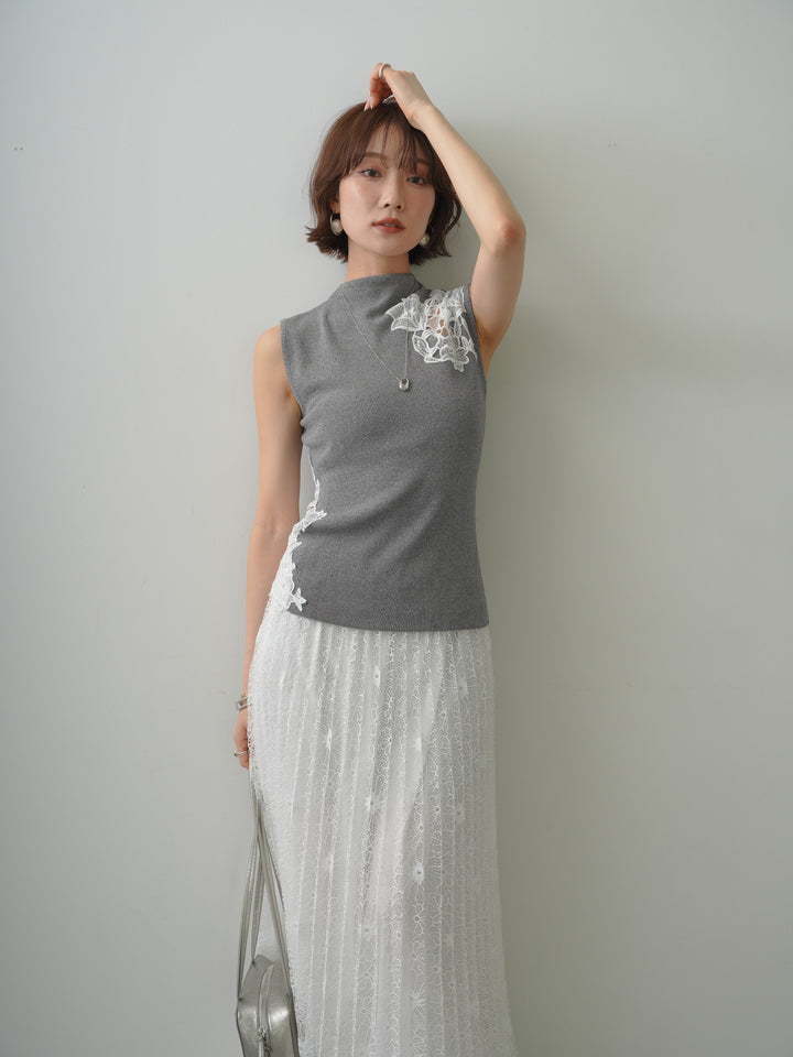 [予約]サイドレースノースリモックニットトップス/gray