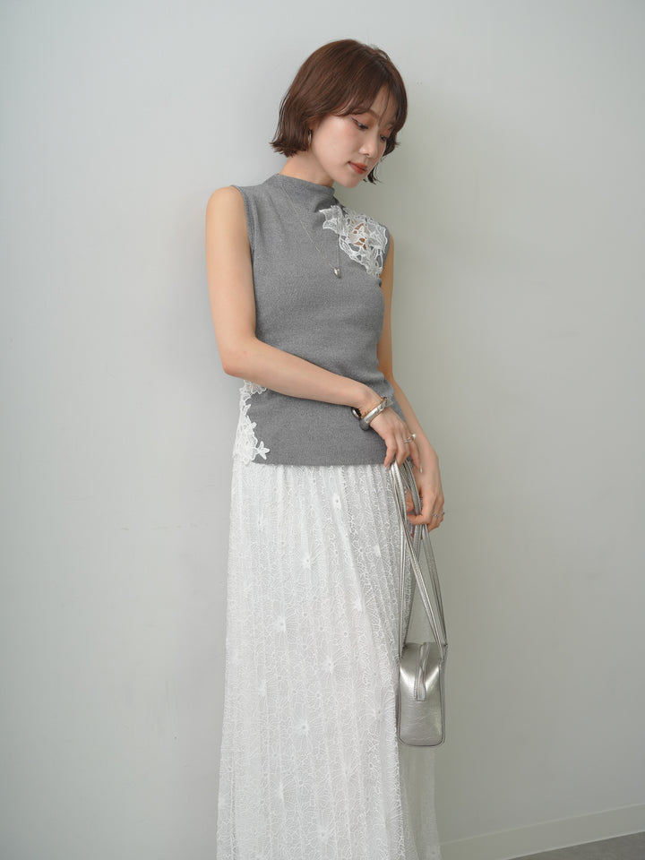 [予約]サイドレースノースリモックニットトップス/gray