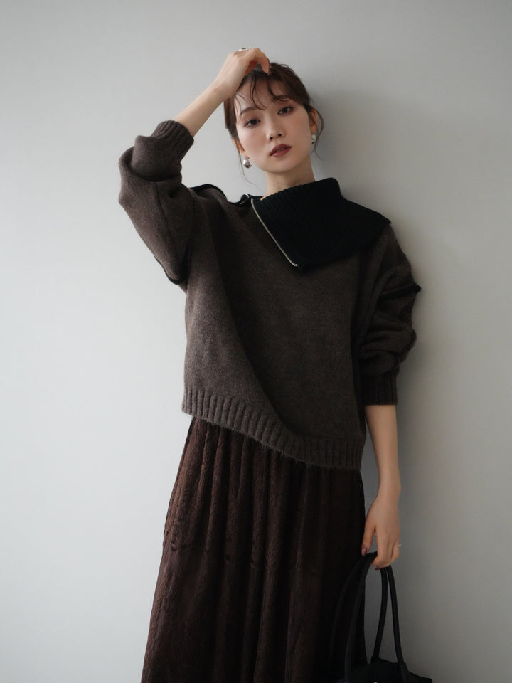 [予約]ZIPハイネックバイカラーニットプルオーバー/brown