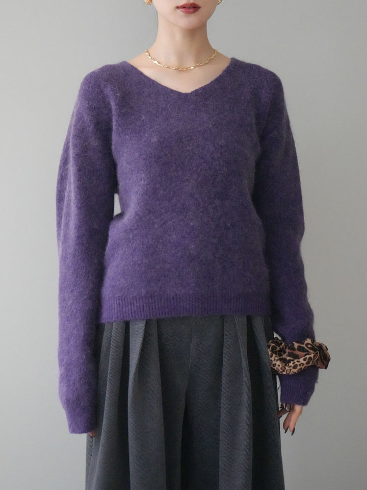 [予約]シュシュ付きアンゴラタッチVネックニットプルオーバー/purple