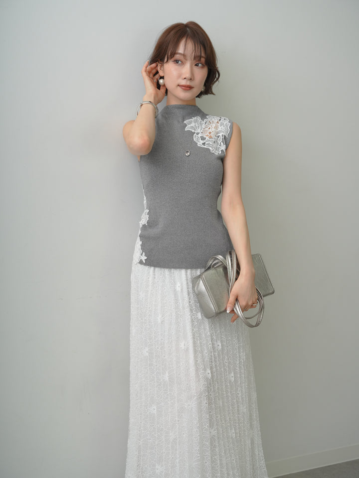 [予約]サイドレースノースリモックニットトップス/gray
