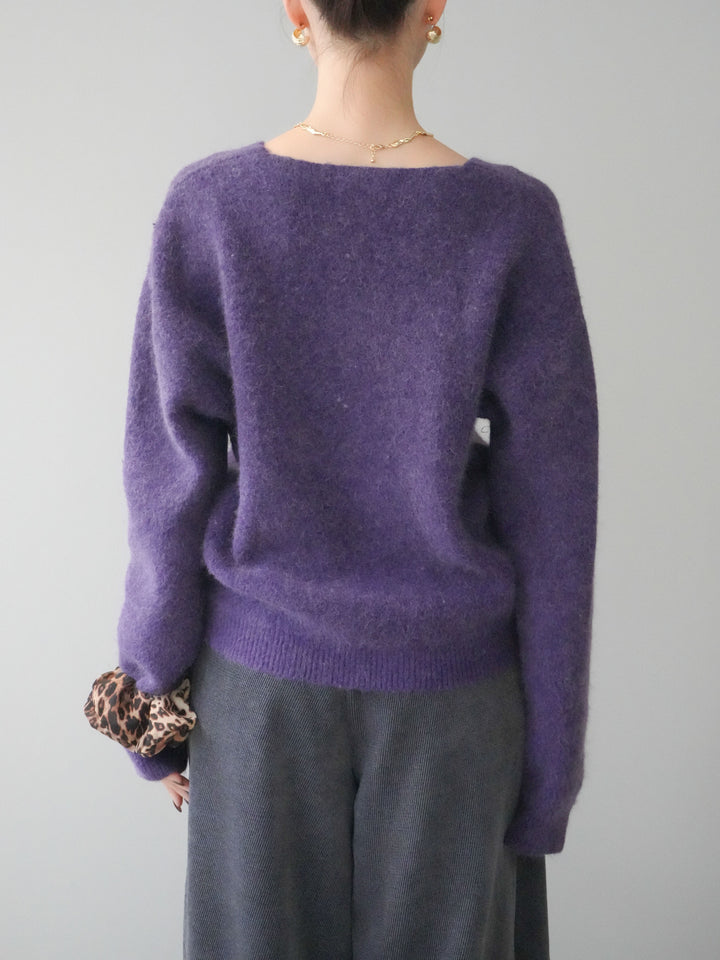 [予約]シュシュ付きアンゴラタッチVネックニットプルオーバー/purple