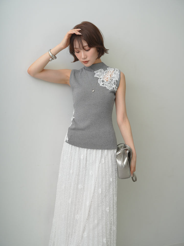 [予約]サイドレースノースリモックニットトップス/gray