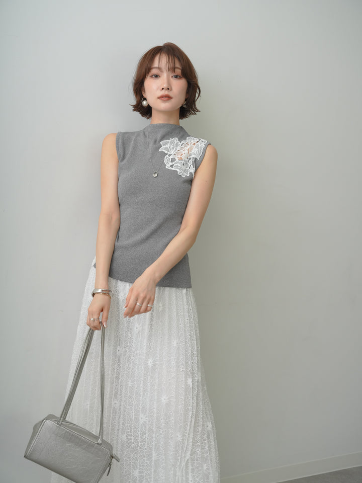 [予約]サイドレースノースリモックニットトップス/gray