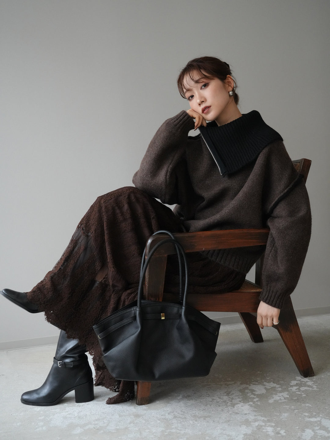 [予約]ZIPハイネックバイカラーニットプルオーバー/brown