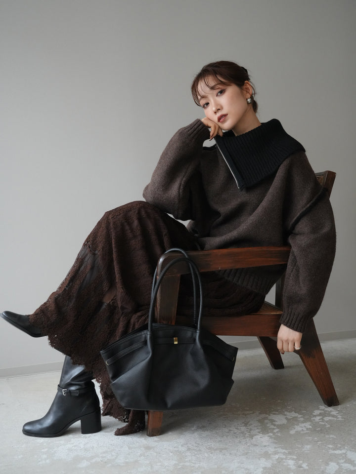 [予約]ZIPハイネックバイカラーニットプルオーバー/brown