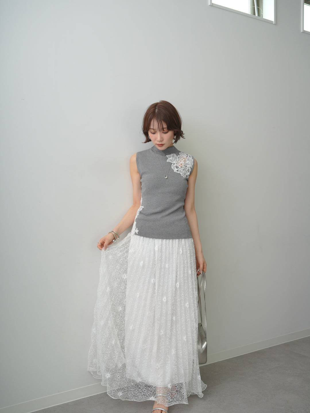 [予約]サイドレースノースリモックニットトップス/gray