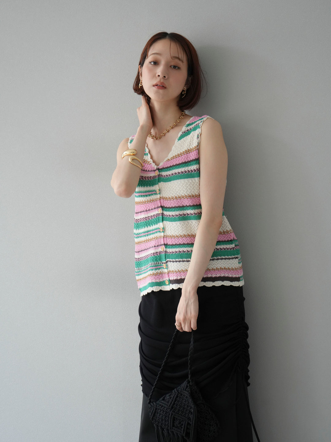 [予約]マルチボーダーニットベスト/グリーン