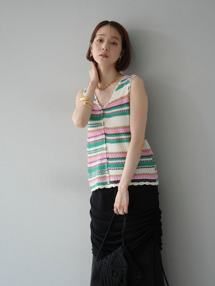 [予約]マルチボーダーニットベスト/グリーン