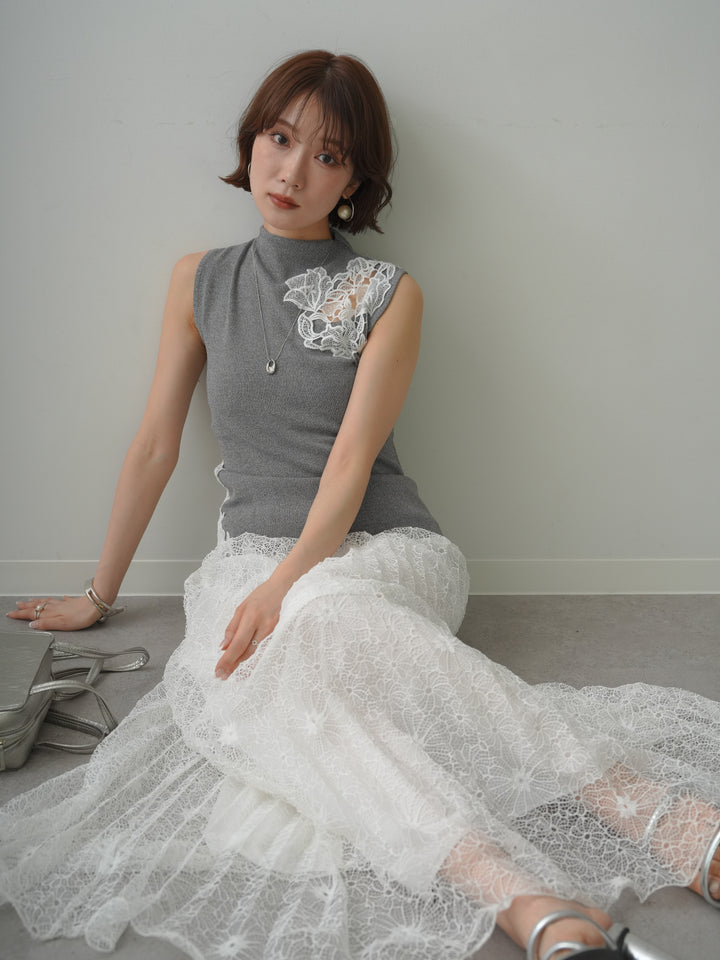 [予約]サイドレースノースリモックニットトップス/gray