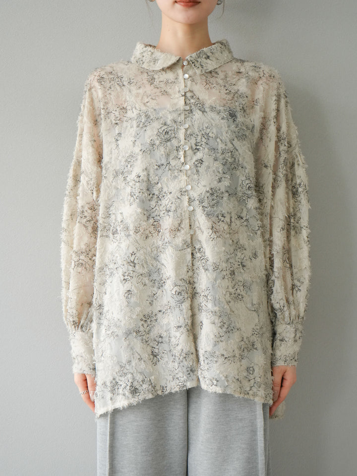 [予約]ニュアンスフリンジジャガードボリュームスリーブブラウス/ベージュ