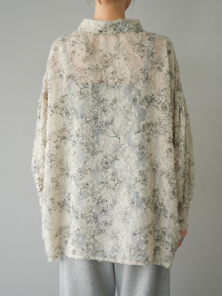 [予約]ニュアンスフリンジジャガードボリュームスリーブブラウス/ベージュ