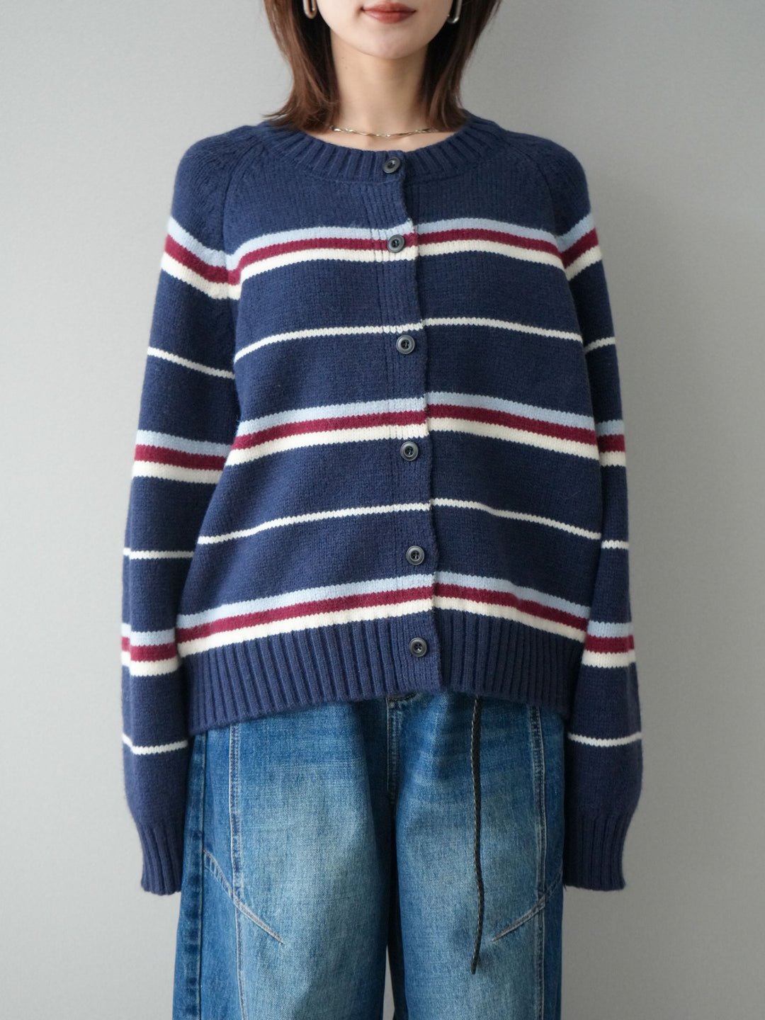 [予約]ランダムボーダーニットカーディガン/navy