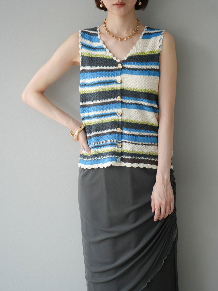 [予約]マルチボーダーニットベスト/ブルー