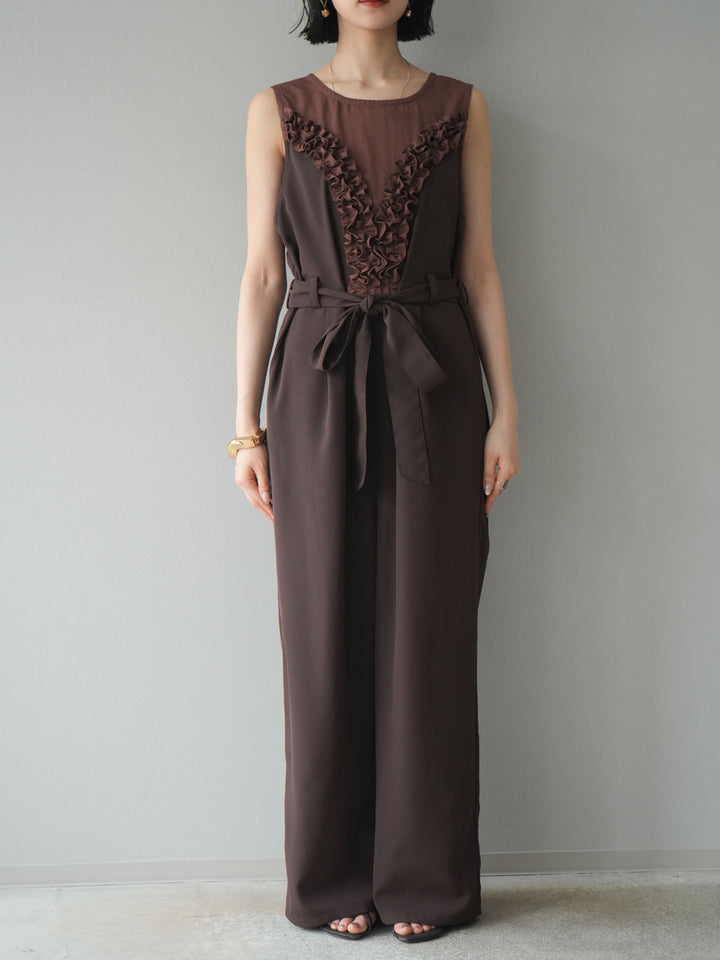 [預購] 荷葉邊設計連身褲/棕色