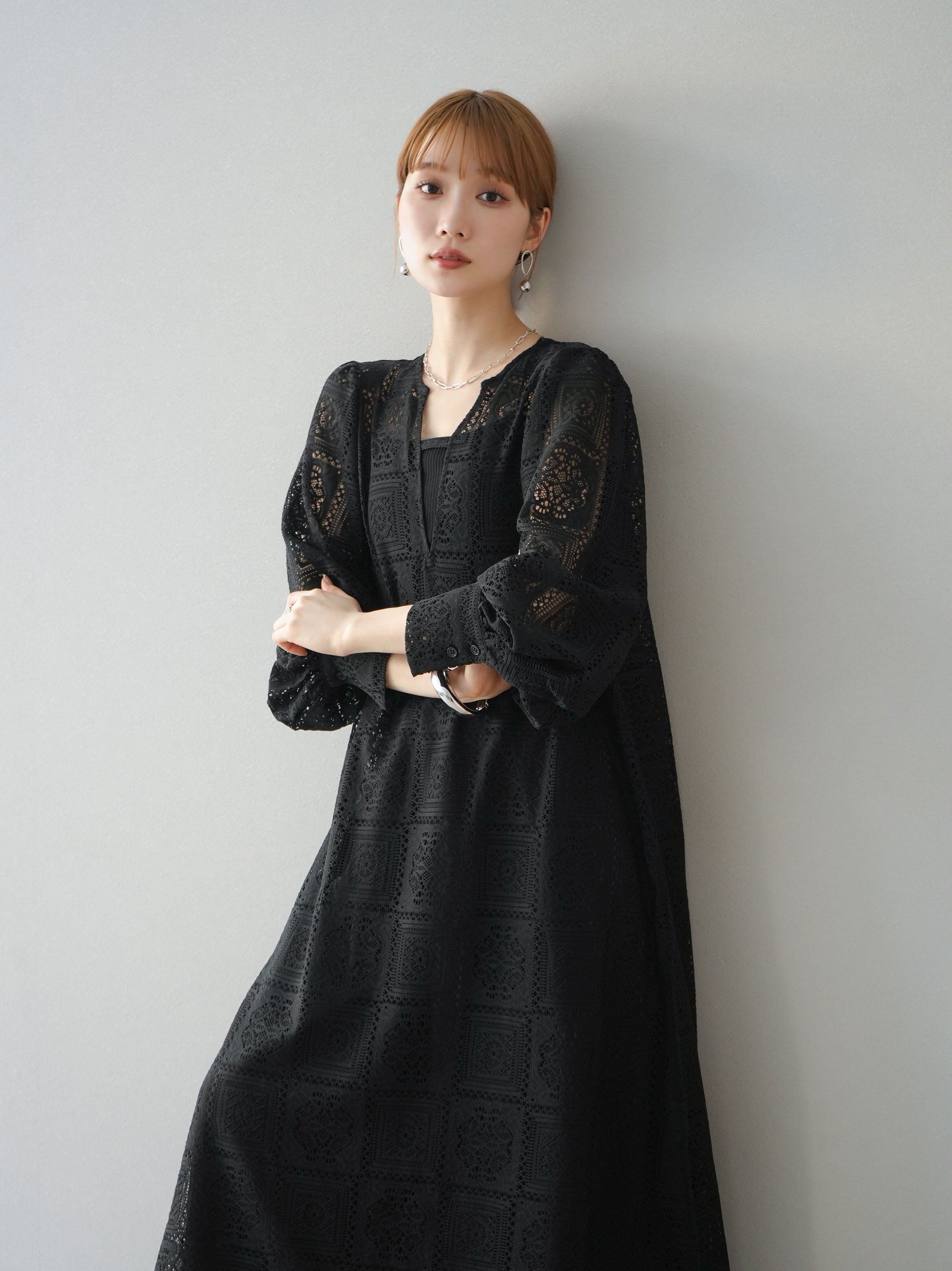 SET]ブロックレースボリュームスリーブワンピース+選べるアクセセット