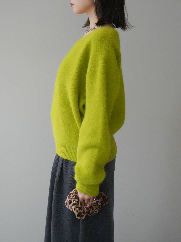 [予約]シュシュ付きアンゴラタッチVネックニットプルオーバー/green