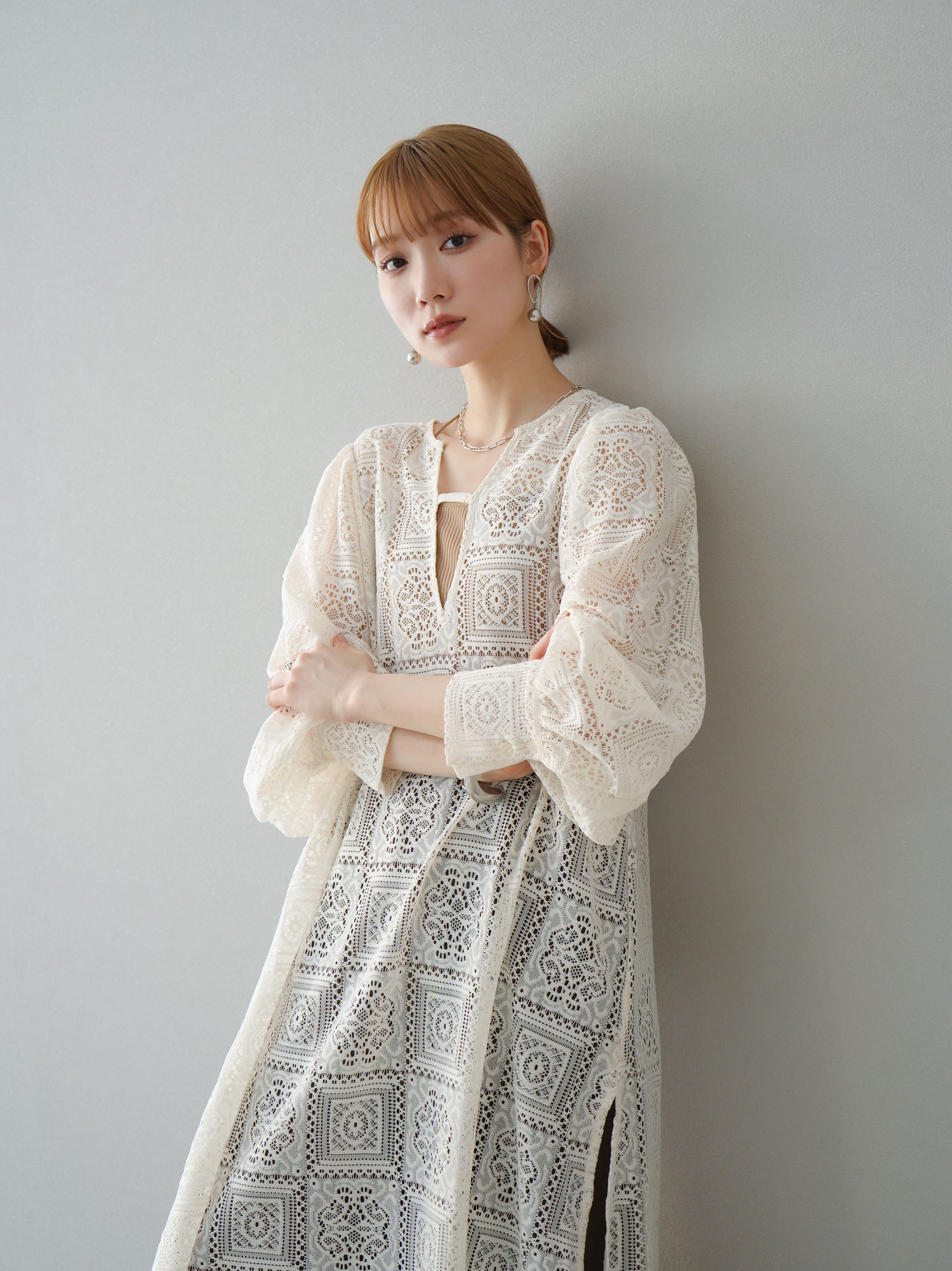 SET]ブロックレースボリュームスリーブワンピース+選べるアクセ